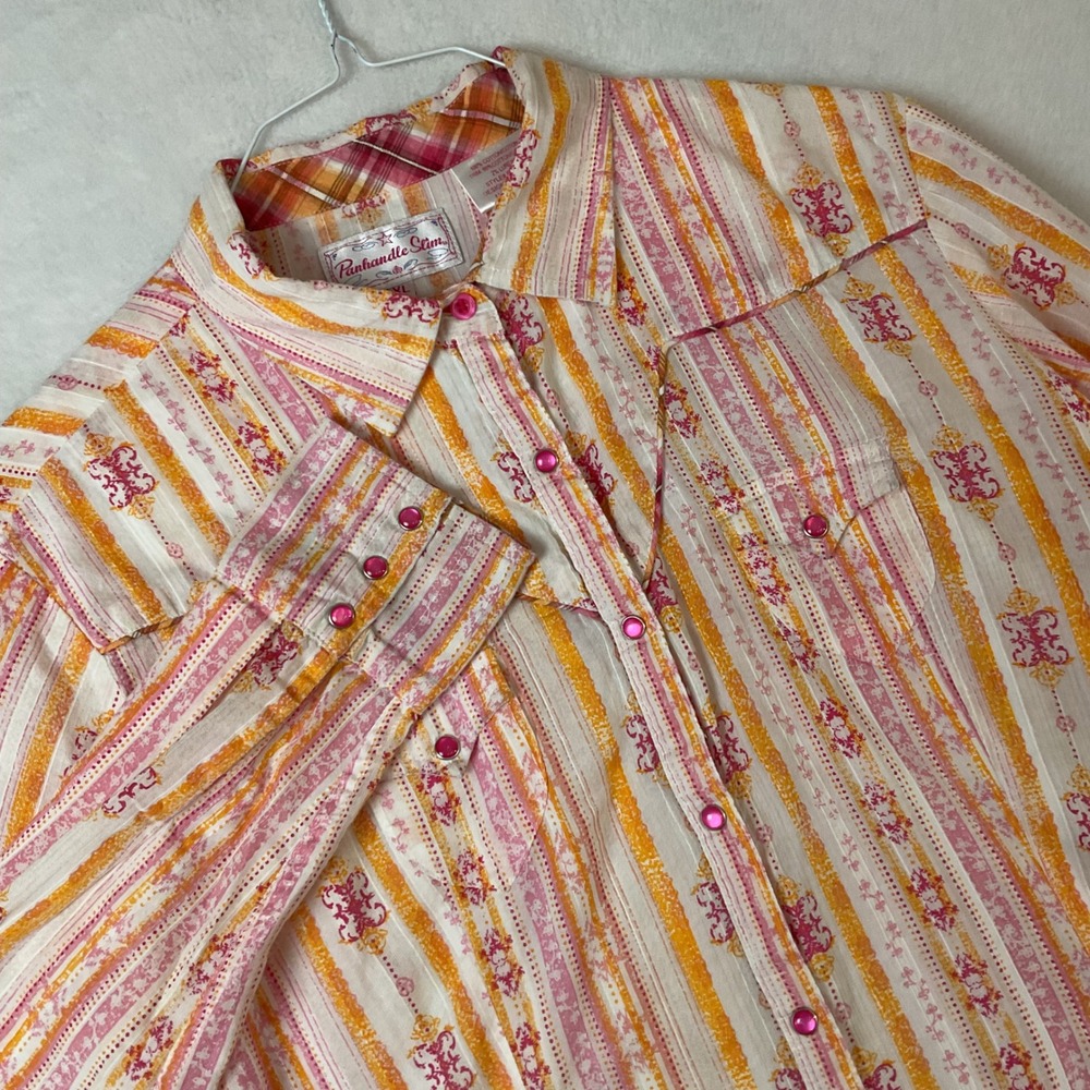 Panhandle Slim Womens XL Western Pearl Snap Shirt Orange Pink Striped 22S9105